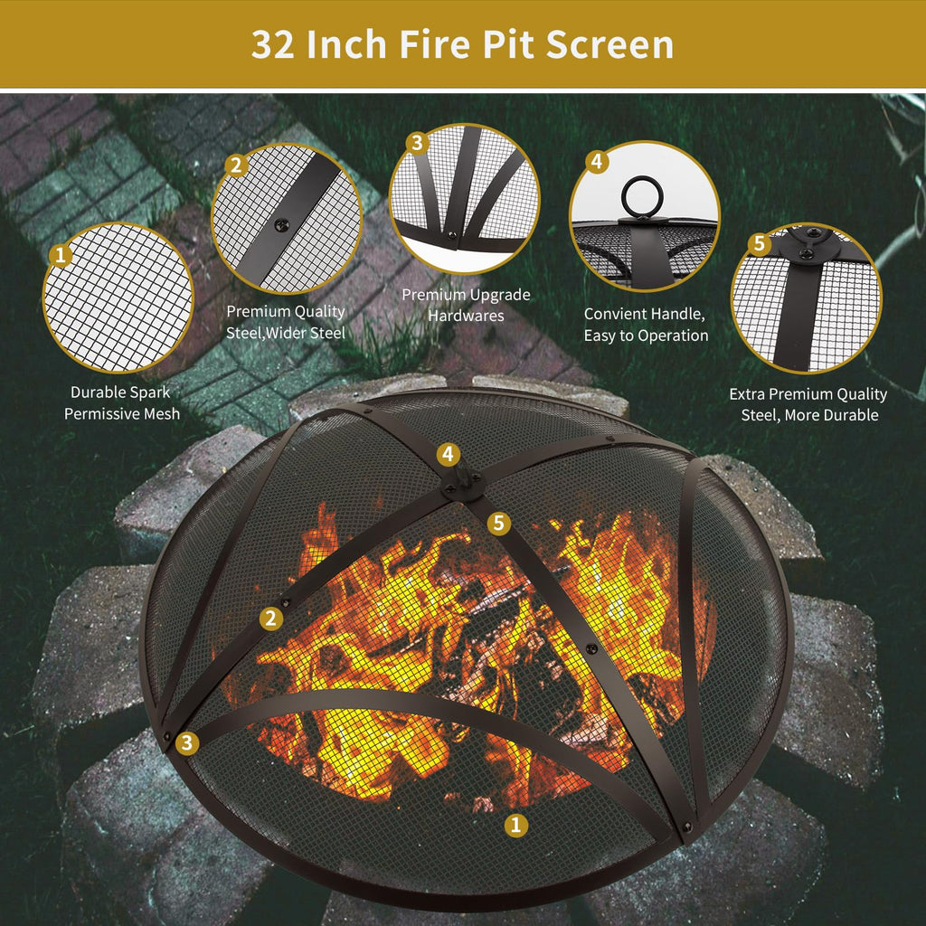 32In Reinforced Steel Round Fire Pit Screen Cover, Handle, Black