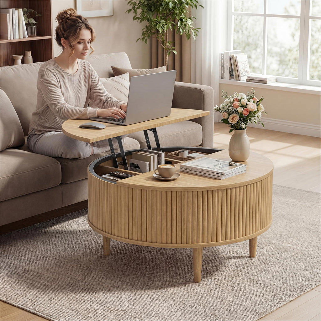 31.5" Round Coffee Table with Lifting Top, Storage, Oak