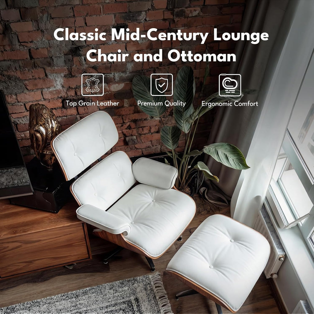 Modern Chaise Lounge Chair and Ottoman — White Leather