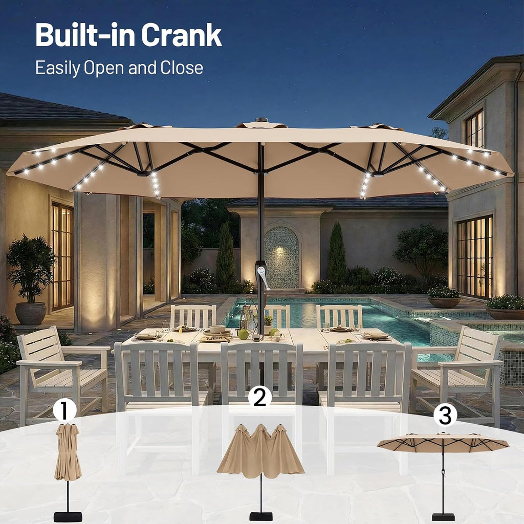 15FT Patio Umbrella with Solar Lights, Double Sided Outdoor Table Umbrellas with Crank