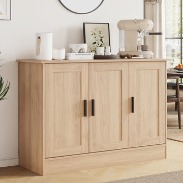 43" Oak Buffet Cabinet with Black Handles, Small Kitchen Sideboard with 3 Doors & Adjustable Shelves, Modern Entryway