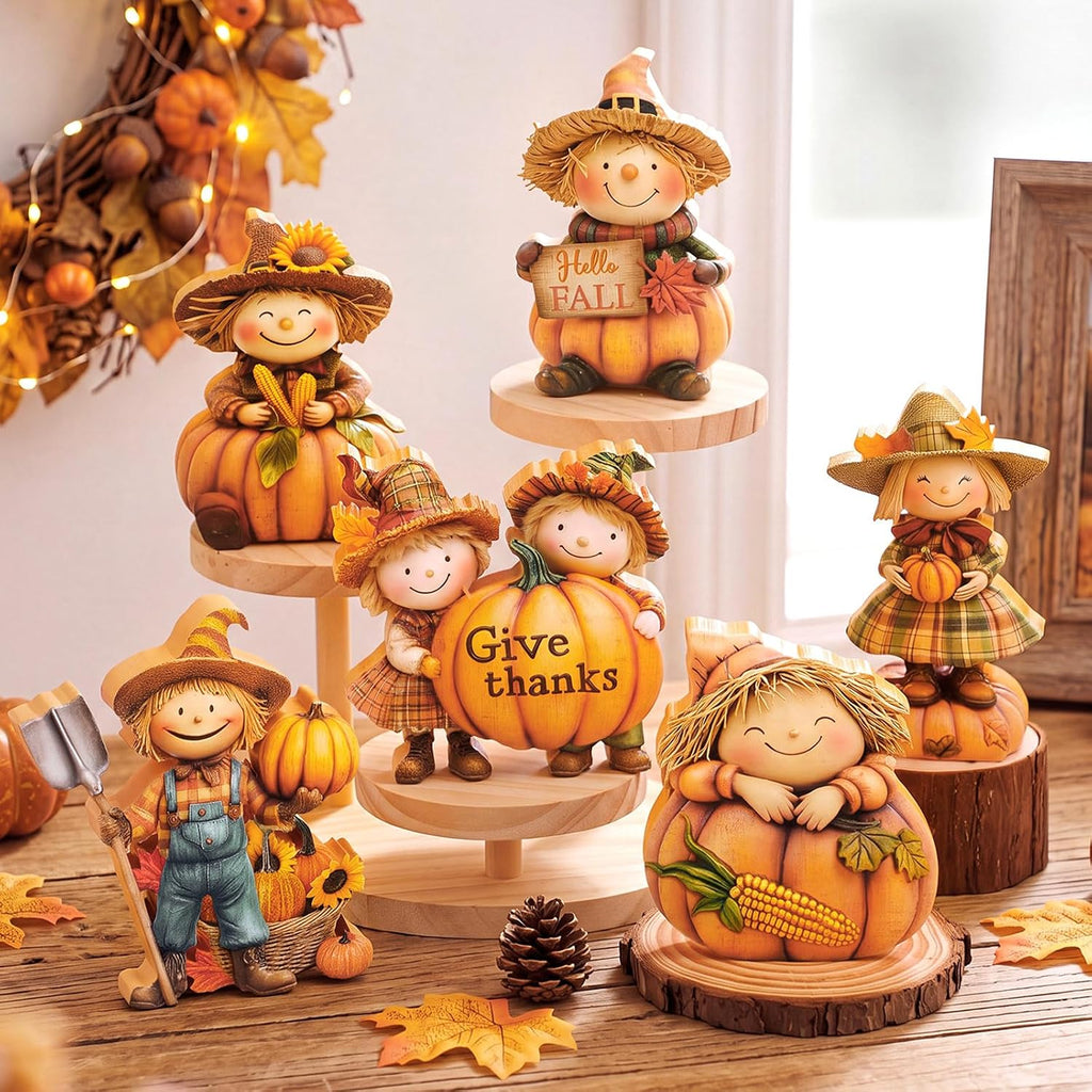Fall Decor Wooden Scarecrow Pumpkin Figurines Rustic Autumn Harvest Tabletop Decoration for Thanksgiving - Set of 6
