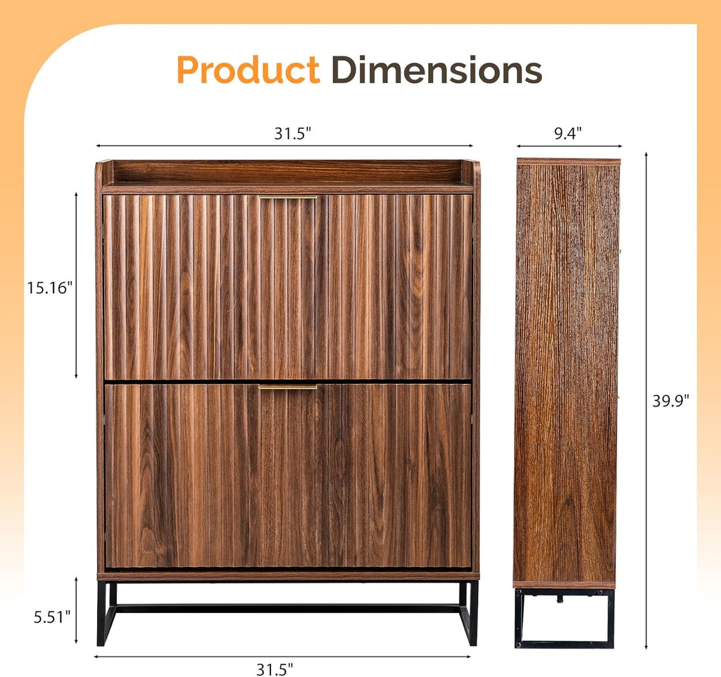 Fluted Shoe Cabinet Storage ,Hidden Shoes Storage Cabinet with 2 Flip Drawers, Mid Century Modern Shoe Rack