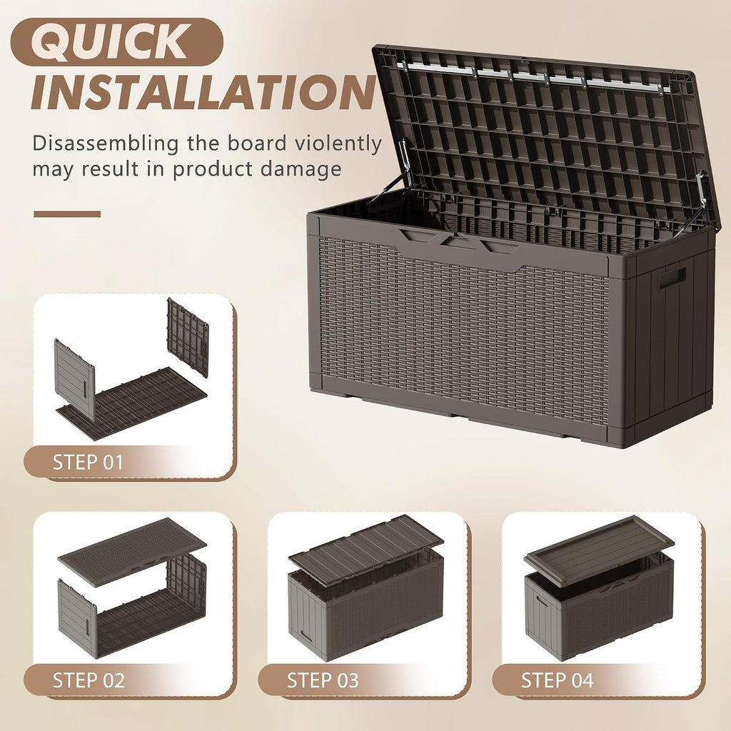 100 Gallon Deck Box Waterproof Outdoor Storage Box with Cushion | Resin Large Outdoor Storage Bench Cabinet Lockable