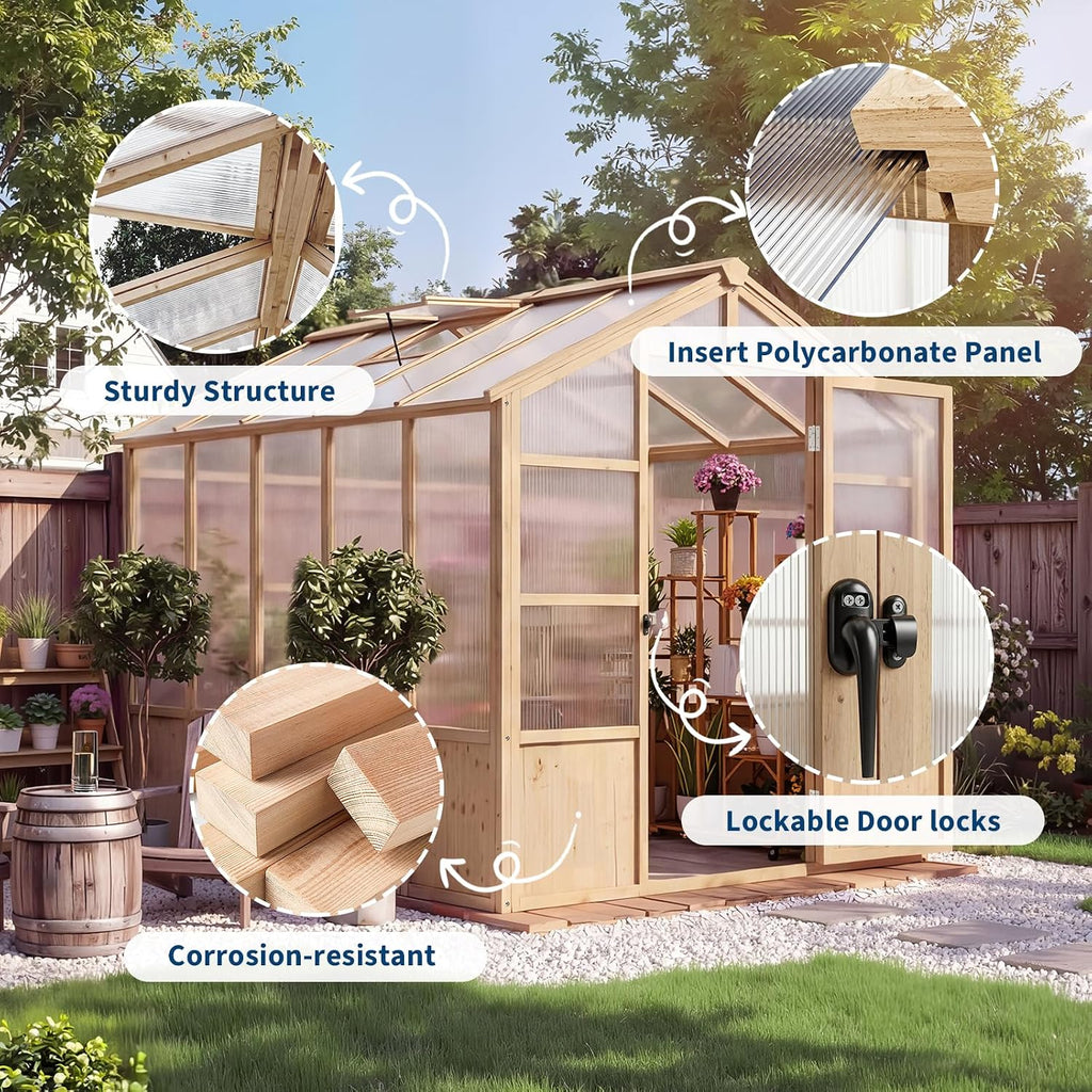 Heavy Duty Walk-in Wooden Greenhouse Kit, 4mm Polycarbonate Panels Green House with Adjustable Vents and Lockable