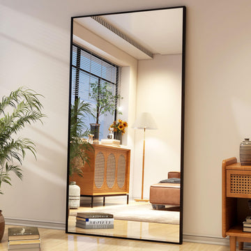 34"x76" Full Length Mirror with Stand, Large Rectangular Floor Mirror or Closet, Wall-Mounted or Freestanding, Black