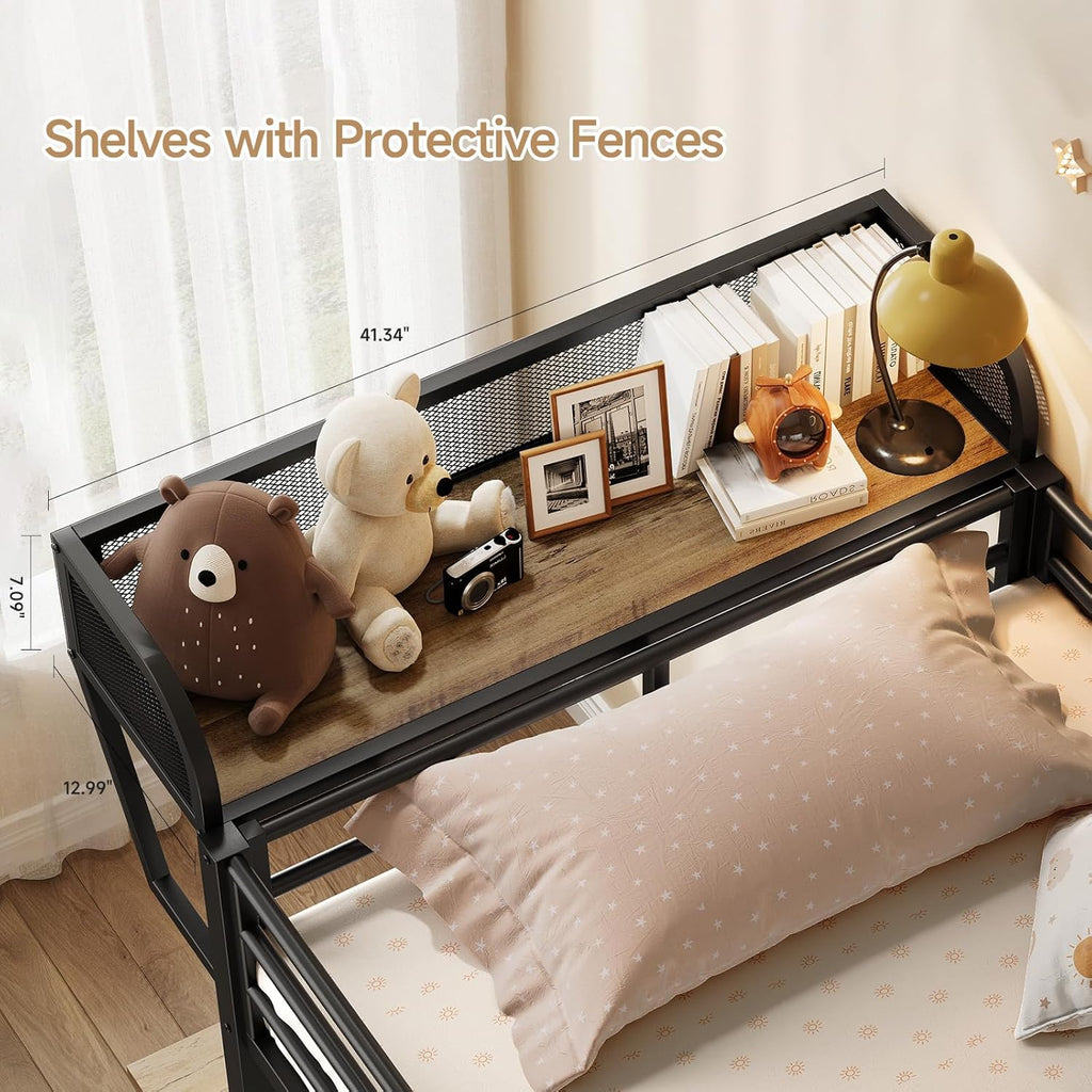 Bunk Bed Twin Over Twin, Metal Bunk Beds with Power Outlets & Desk