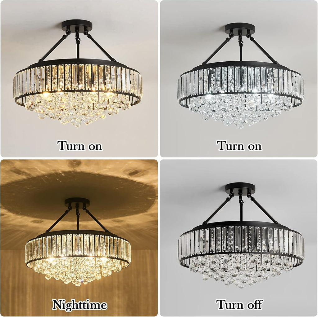 6-Light Modern Large Crystal Chandelier Black Metal E26 Semi Flush Mount Round Light Fixture Ceiling Lamp Farmhouse