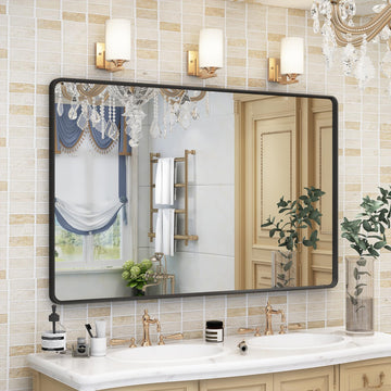 Black Bathroom Mirror for Wall, 48X30 Inch Bathroom Vanity Mirror, Black Rectangle Frame Mirror, Matte Black Metal