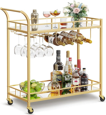 Bar Cart with 2 Mirrored Shelves, Wine Holders, Glass Holders | Home Bar Serving Cart, Wine Cart, Light Red Gold and