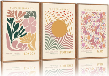 Boho Flower Market Framed Canvas Wall Art Set, Pink Beige Cute Butterfly Wall Decor, Colorful Abstract Floral Wall
