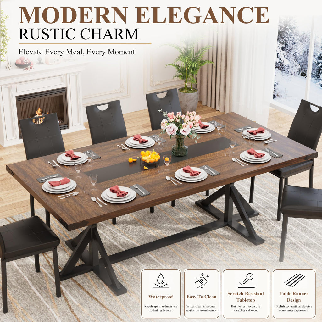 78" Farmhouse Dining Table for 6 8 People, Rectangular Wood Kitchen Dinner Table with Thick Waterproof Tabletop &