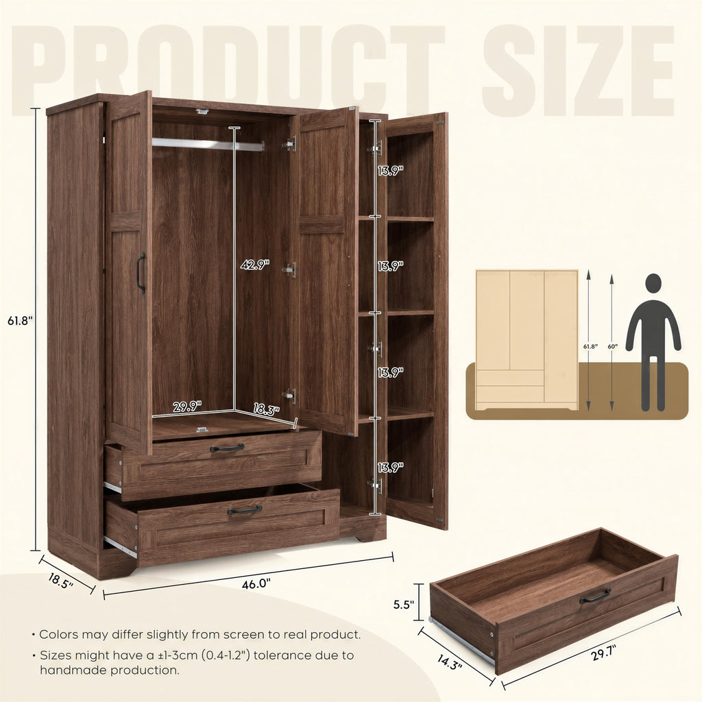 Armoire Wardrobe Closet with 3 Door, Walnut