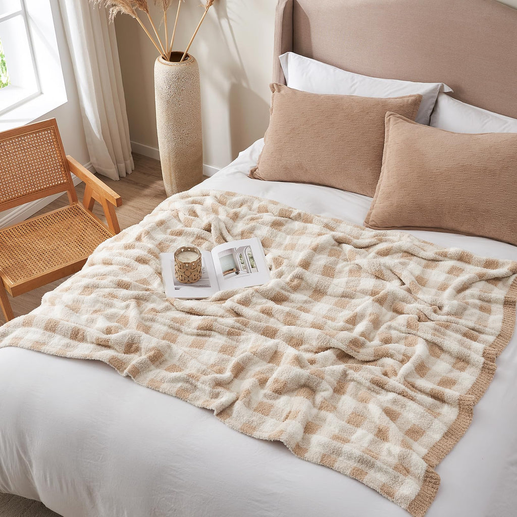 Checkered Throw Blanket for Couch, Super Soft Cozy Warm Knit Netural Decorative Fluffy Blankets, Reversible Buffalo
