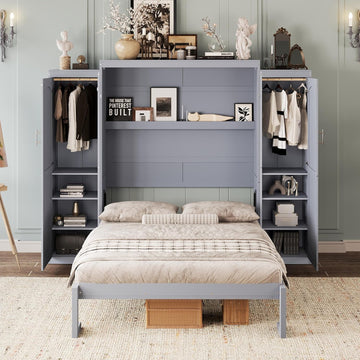 Full Vertical Murphy Bed with Wardrobe,Cabinet,and Storage Shelves,Wood Foldable Hidden Murphy Wall Bed for Adults