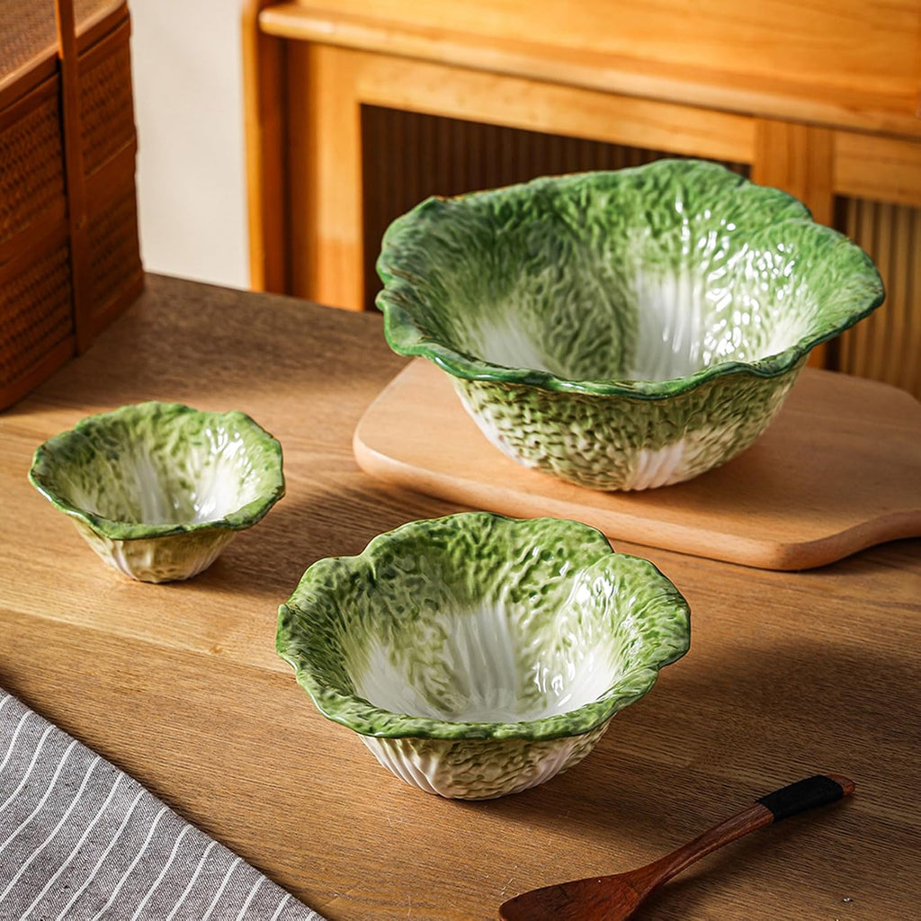 Green Cabbage Serving Bowl Set of 3 - Extra Large 60oz, 16oz, 5oz Nesting Mixing Bowls, Porcelain Dishes for Salad
