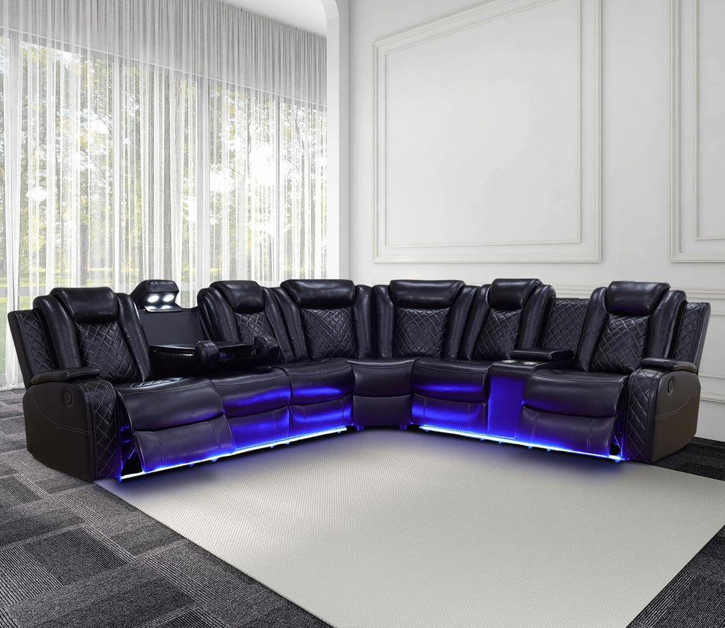 Power Recliner Sofa Sectional Couch with LED Light for Living Room,Leather Reclining Corner Sectional Sofa with 2