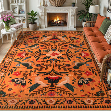 Area Rugs Fall Home Decor, Bohemian Scandinavian Modern Country Aesthetic Floral Bird Medallion Carpet for