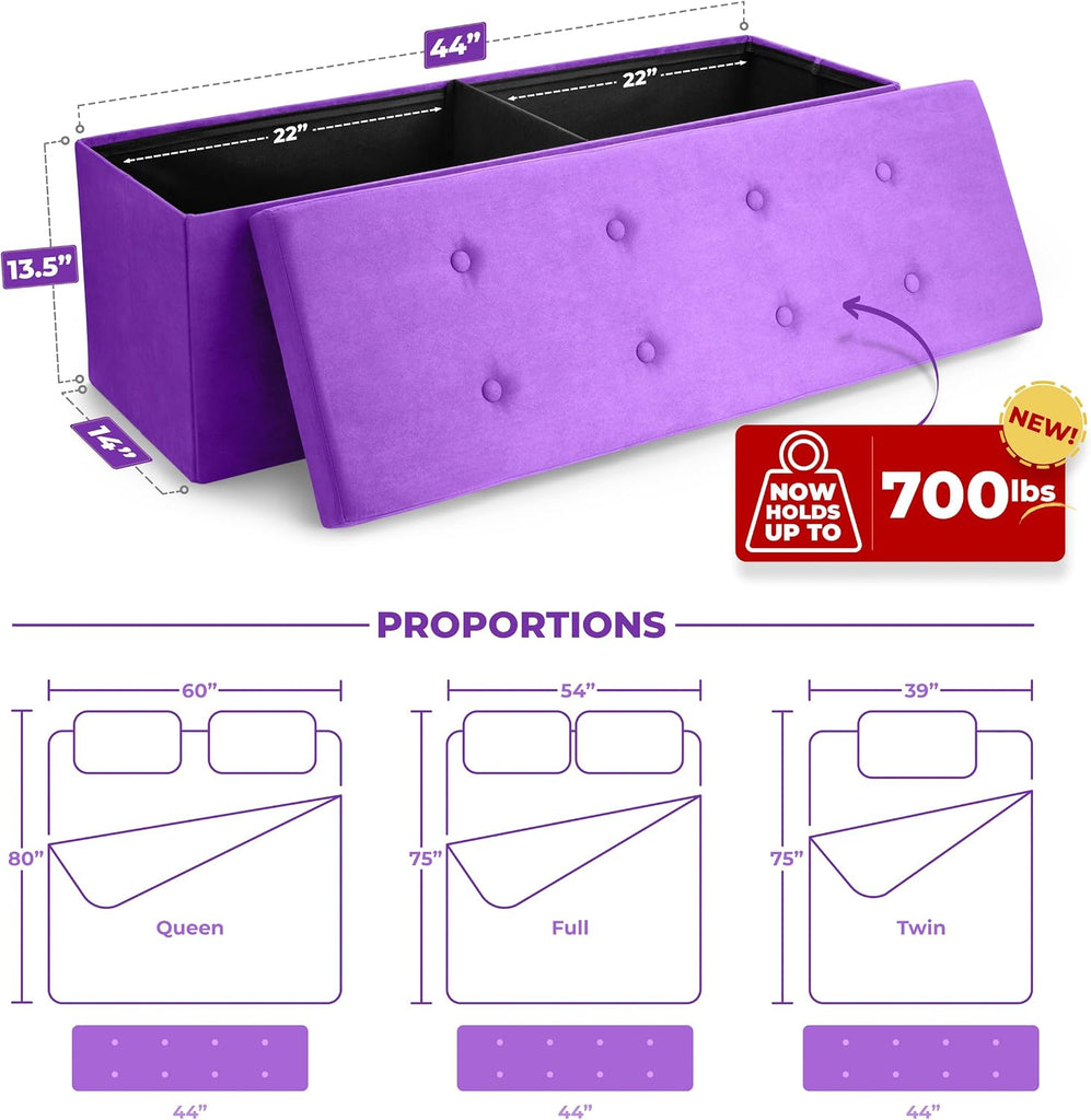 Storage Ottoman Bench - 43 in Purple Toy Box , End of Bed, Bedroom Bench Large Folding Chest Seat Trunk Blankets