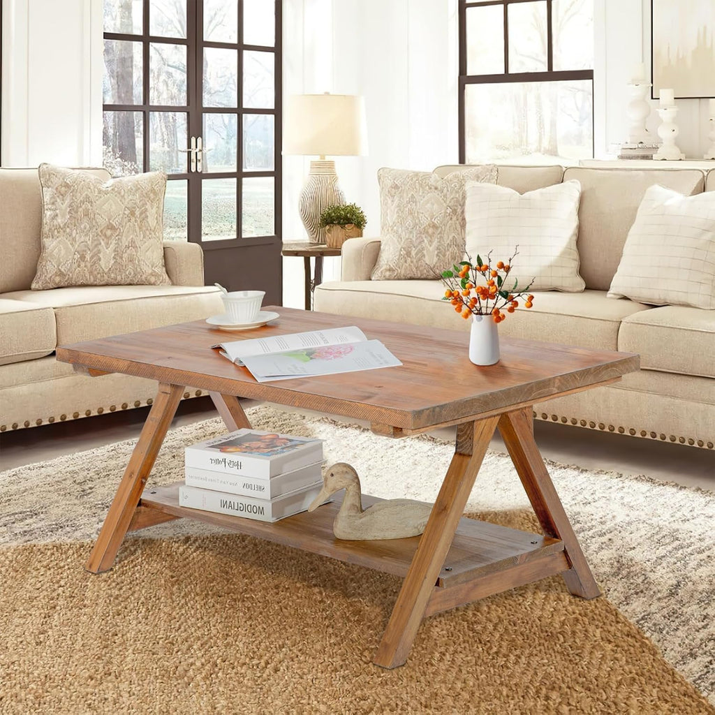 Farmhouse Coffee Table, 2-Tier Solid Wood Coffee Table, Rustic Rectangular with Storage Open Shelf, Natural