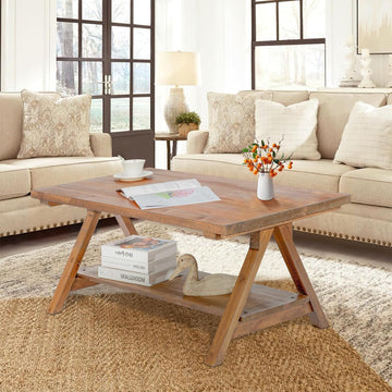 Farmhouse Coffee Table, 2-Tier Solid Wood Coffee Table, Rustic Rectangular with Storage Open Shelf, Natural