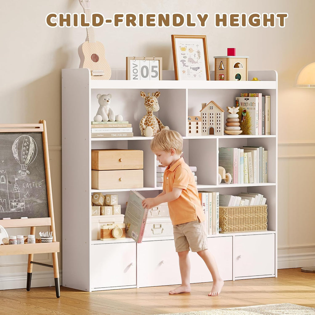 Large Toy Storage Organizer and Kids Bookshelf with 7 Cubes, 2 Sliding Drawers, 2 Magnetic Cabinets, Toy Organizers