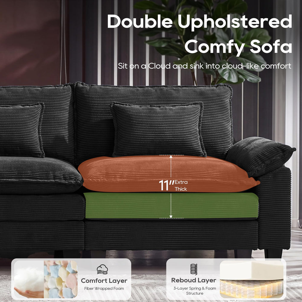 Oversized Modular Sectional Sofa, Solid Black:87" I Shaped