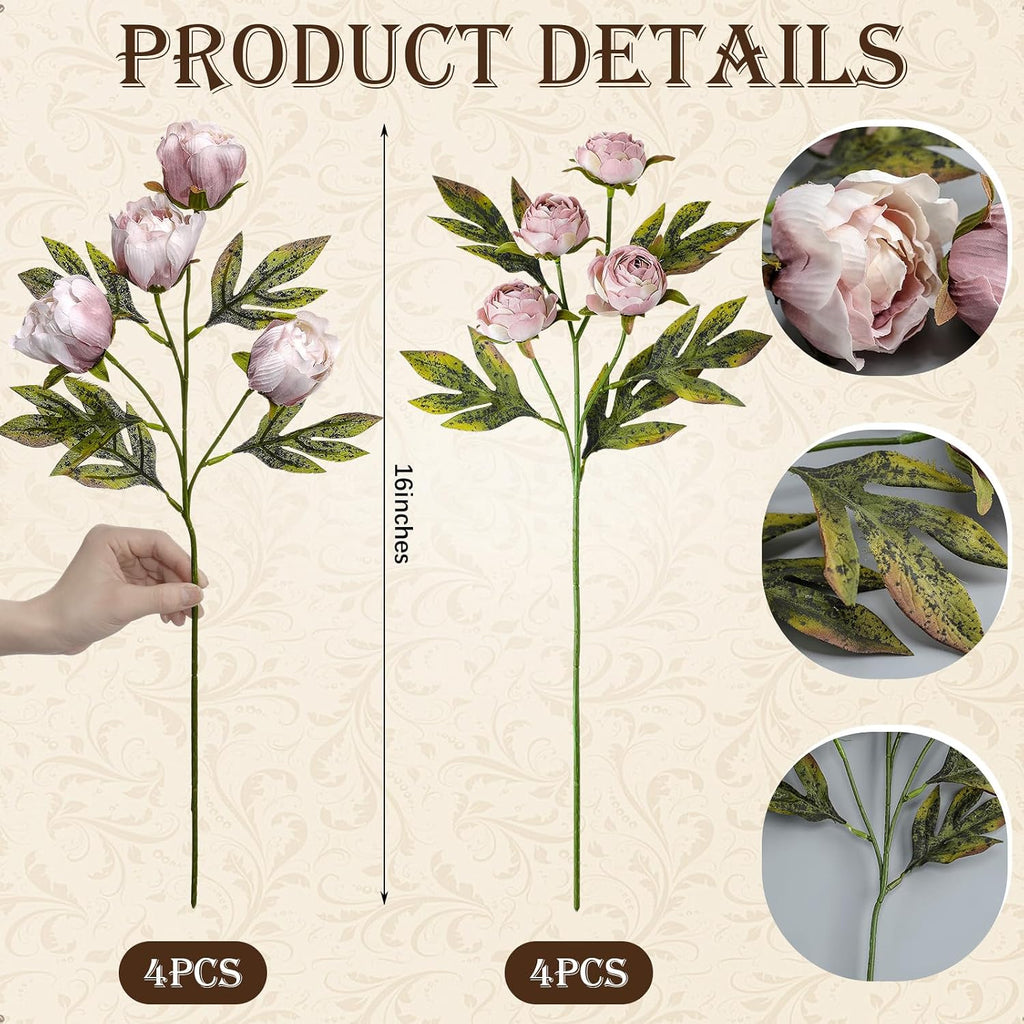 Faux Silk Peony Artificial Flowers Stem for Vase,8 Pcs,Brownish | Brownish Fake Peonies Branches with Stems, for Fall