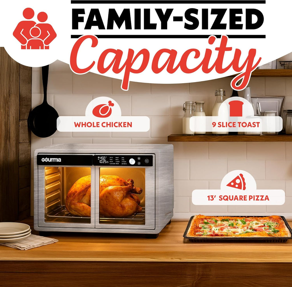 French Door Air Fryer Oven - 37 Qt Large Capacity Convection Toaster Oven, FryForce 360°, Digital Display, 12 Cooking