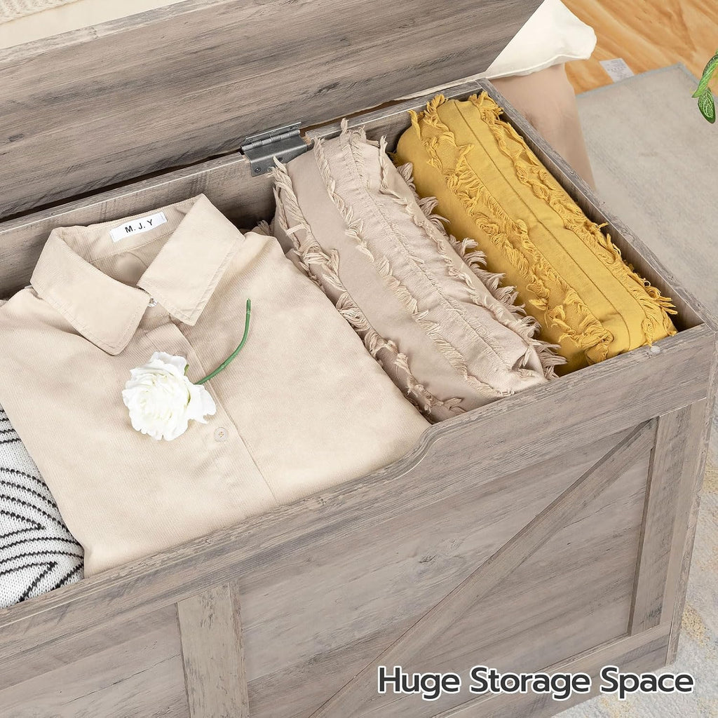 Storage Bench, 39.4" Retro Wooden Storage Chest with U-Shaped Cut-Out Pull, Safety Hinge, Supports 220 lb and Easy