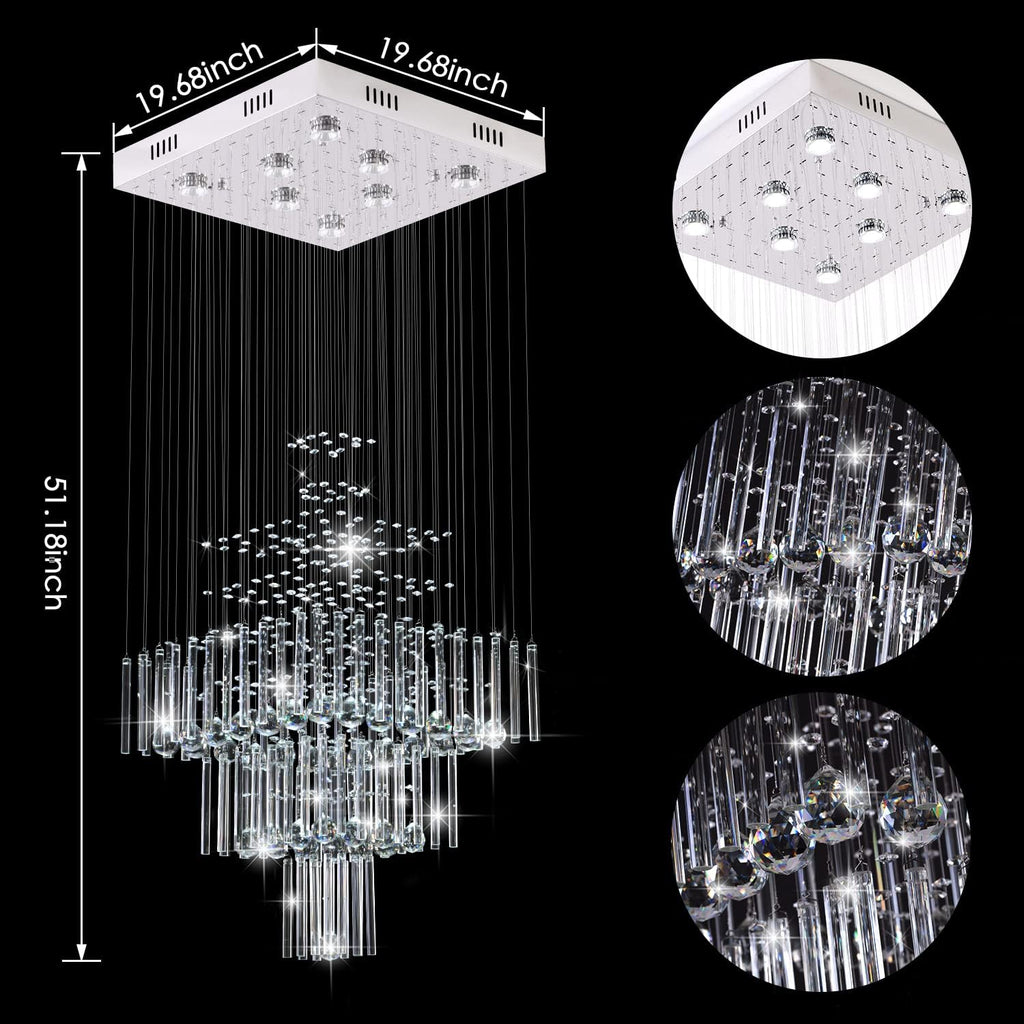 Modern 8 Lights Square Chandelier Light, Luxury 3-Tier Crystal Raindrop Chandeliers Flush Mount Ceiling Light Pendant for Foyer, Modern Chandeliers for Entryway