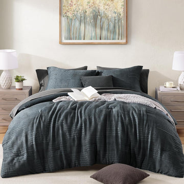 Comforter Set Blue Grey, Textured Design Crinkle Bedding Sets 7 Pieces