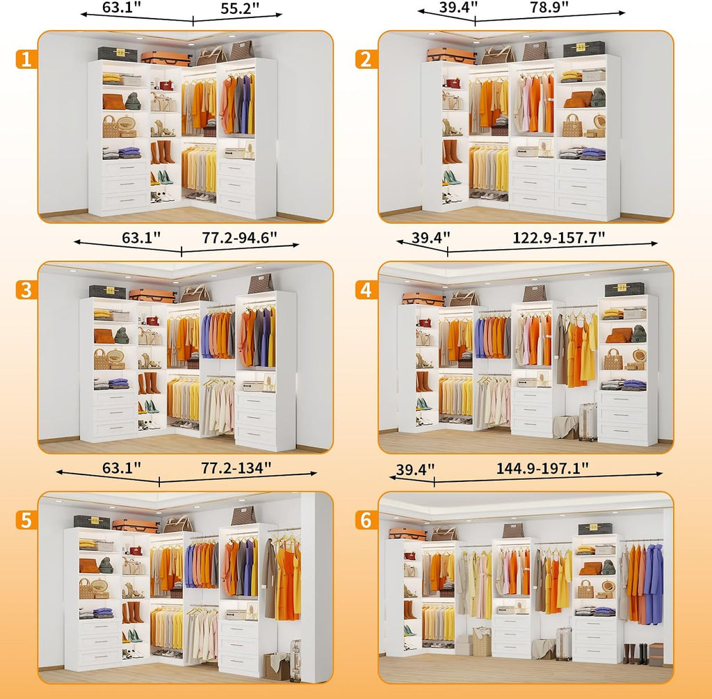 Closet System with 3 Sets, 6.5-16FT Corner Closet Organizer System with 6 Drawers & 11 Shelves & 6 Hanging Rods
