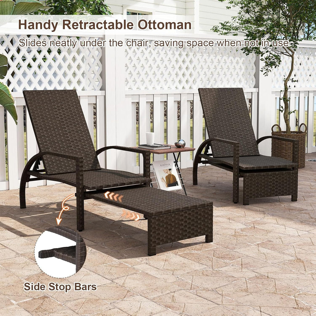 Outdoor Rattan Wicker Chaise Lounge Chair with 6-Position Backrest, Retractable Ottoman, Armrests, Patio Reclining