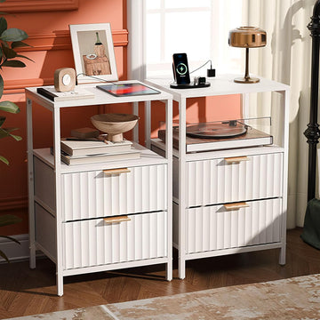 White Nightstands Set of 2 with Fabric Drawers, Fluted Nightstand with Charging Station, Night Stand Set 2 White Side