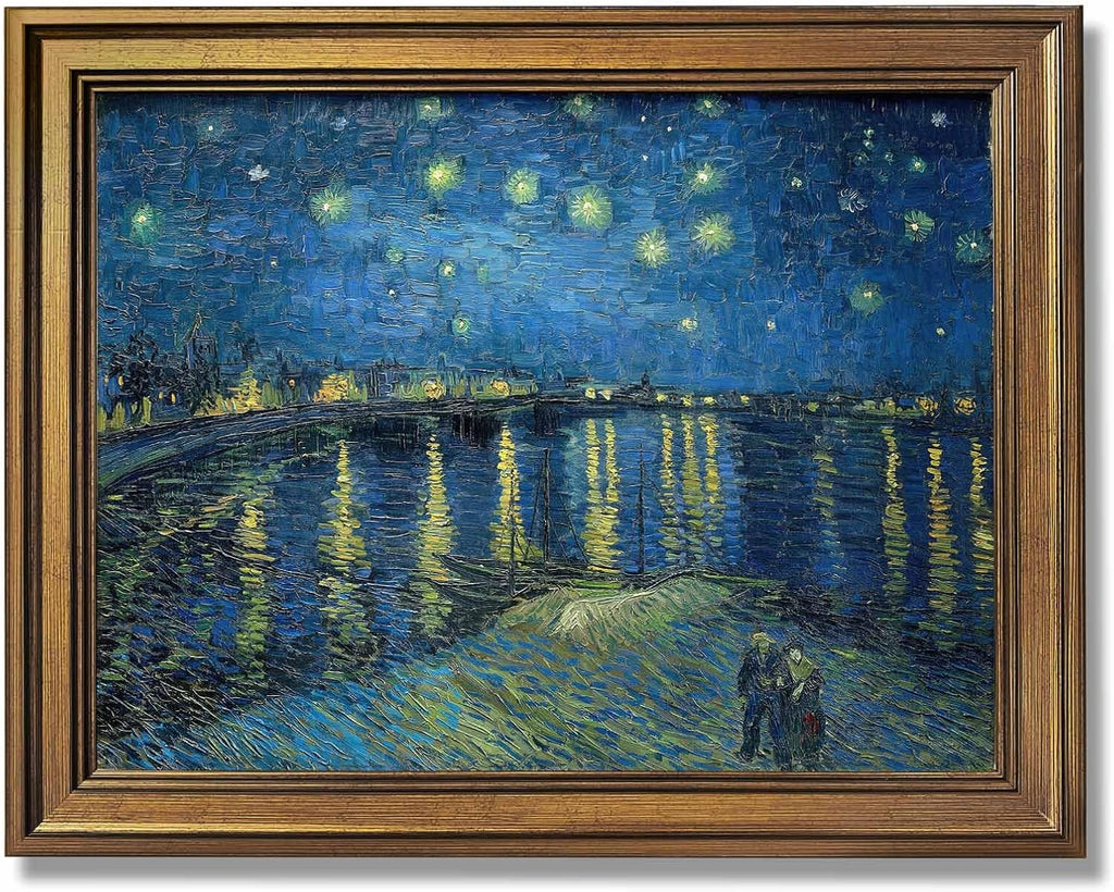 Gold Framed Starry Night by Vincent Van Gogh Poster Night View Wall Art Vintage Famous Oil Paintings Reproduction