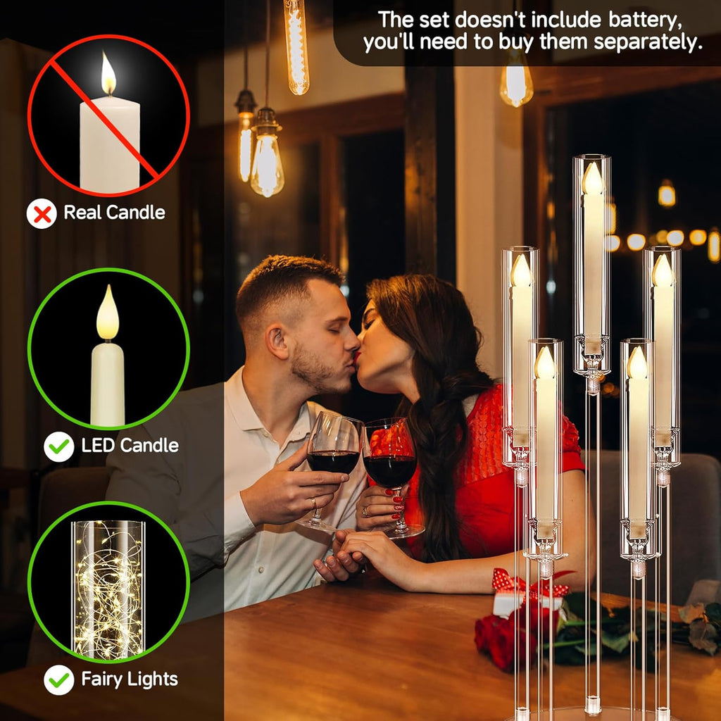 2Pcs 26.8'' Acrylic Candelabra Centerpieces,Clear 5 Arms Candlesticks Holder with Acrylic Shade for Candlelight