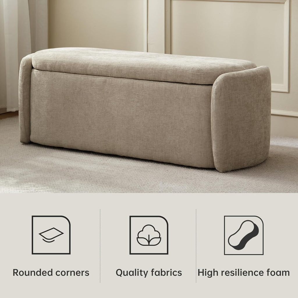 Storage Bench, Upholstered Storage Ottoman Bench with Hinge, Khaki | Ottoman Bench with Large Capacity, Curved Frame
