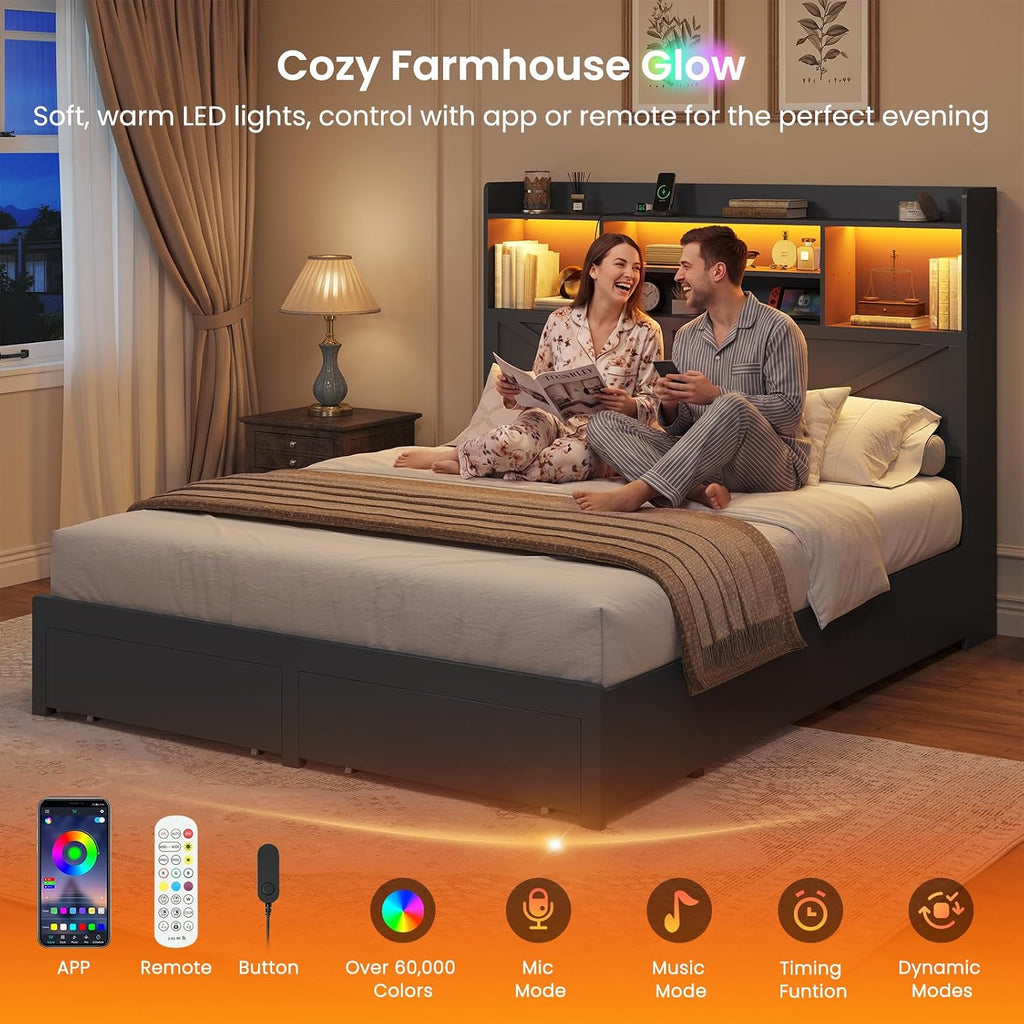Queen Bed Frame with 6 Storage Drawers, Farmhouse Bed Frame Queen with Bookcase Headboard, LED Lights & Charging