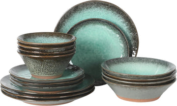 Green Lantern Service for 4 (16 Piece) Double Bowl Dinnerware Set, Teal, Soft Gray, Dinnerware Set