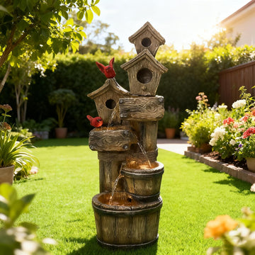 35" Tall Outdoor 4-Tier Birdhouse Floor Standing Water Fountain with LED Lights