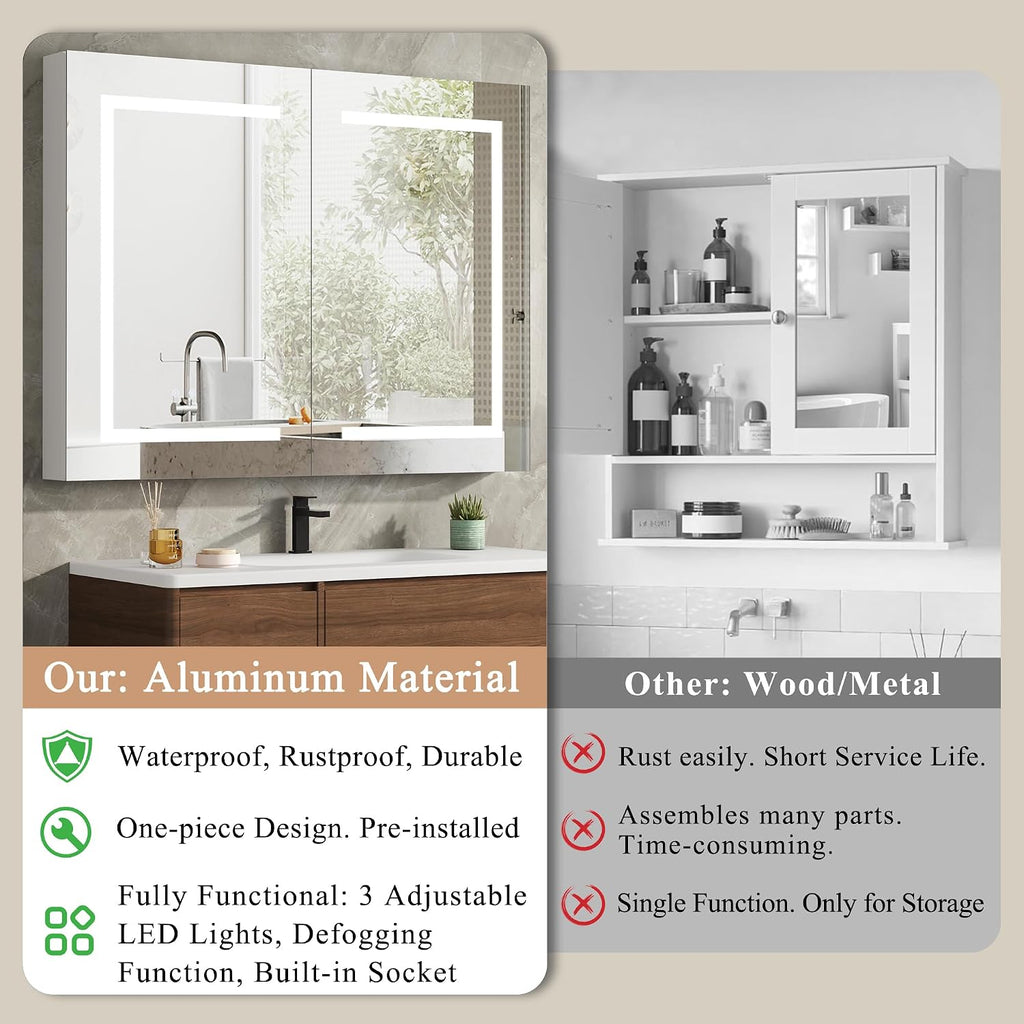LED Medicine Cabinet with Mirror, Assembly-Free Lighted Medicine Cabinet, Defog, Stepless Dimming, 3 Colors, 2