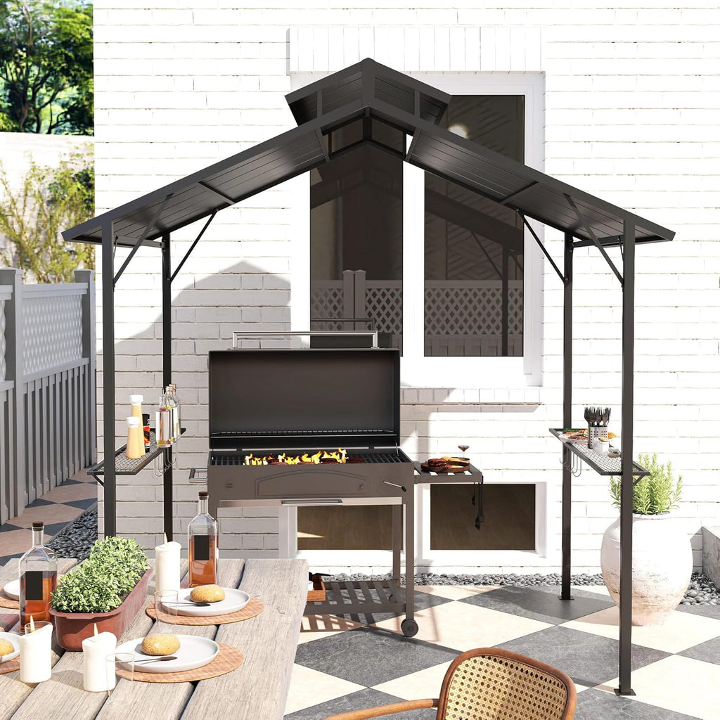 8' x 5' Hardtop Grill Gazebo, Outdoor BBQ Gazebo with Double Metal Roof, 2 Side Shelves and 10 Hooks
