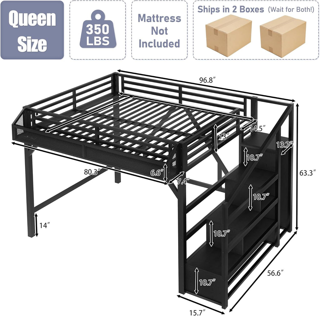 Queen Loft Bed Frame with Storage Stairs, Beside Shelf & Wardrobe, Metal Queen Loft Bed with LED Light & USB Ports