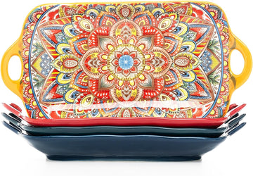 Boho Ceramic Serving Platters with Handles Set of 4, 12Inch Large Serving Dishes for Entertaining, Colorful Cute