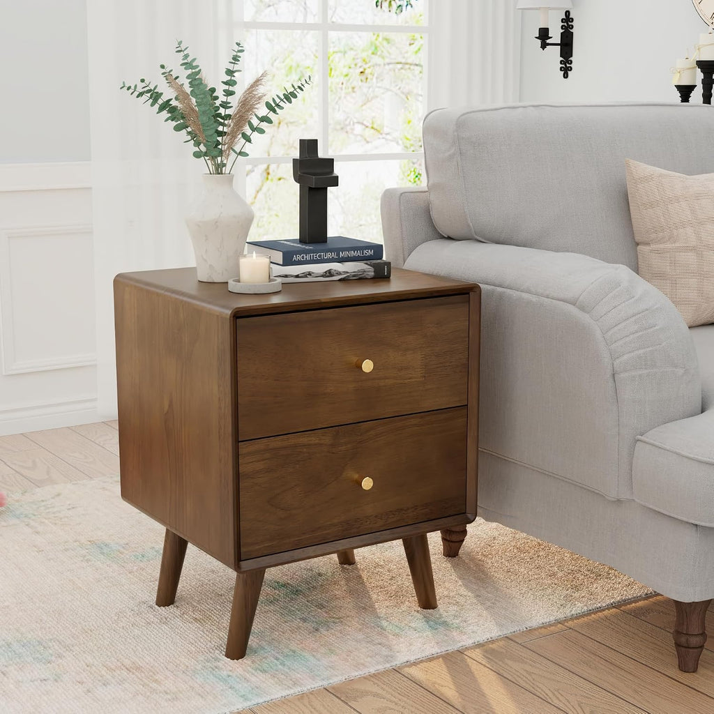 Solid Wood Nightstand with 2 Drawers, Walnut Mid Century Modern Nightstand, Wooden Night Stand, Small Side End Table