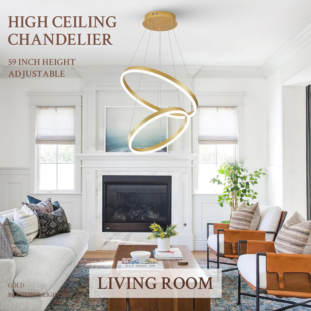 Modern LED Chandelier Gold 2-Rings Pendant Light Circular Flush Mount Ceiling Chandelier Lighting with Remote Control