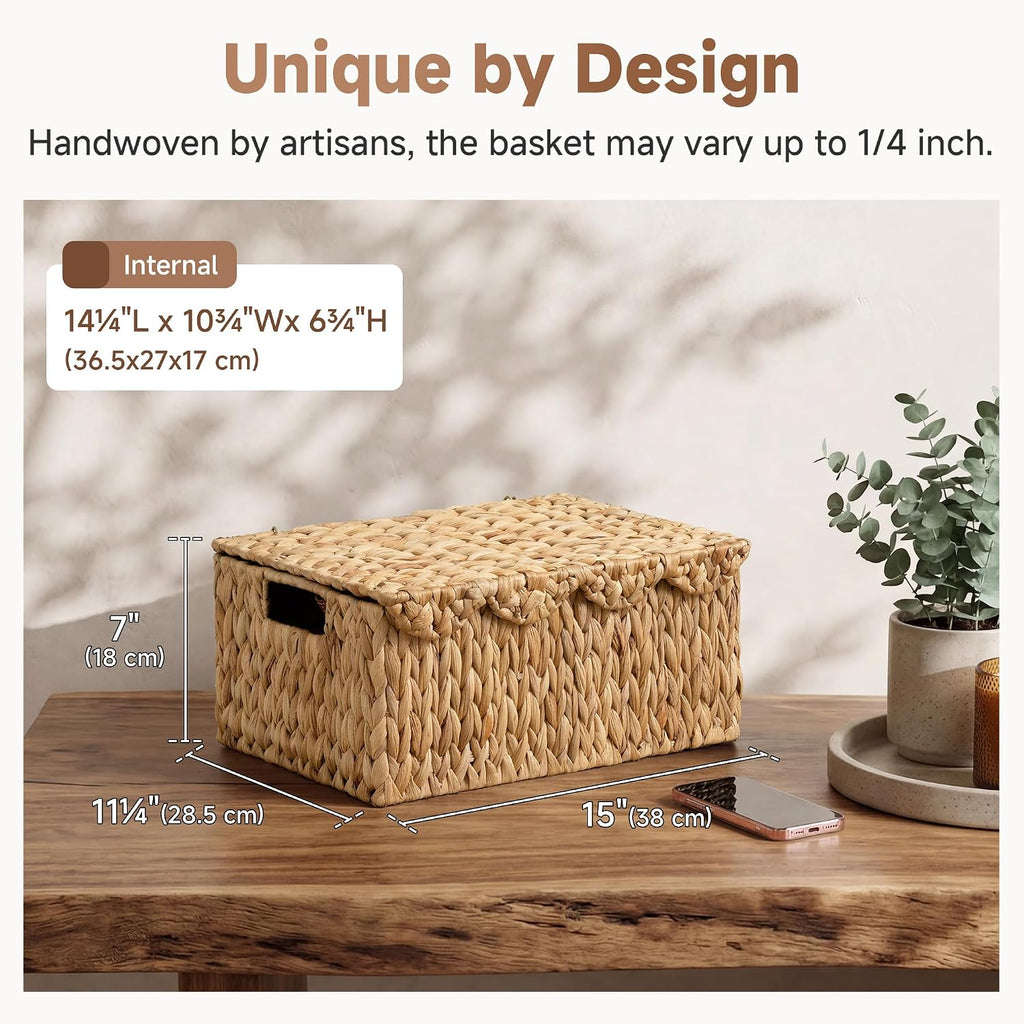 Wicker Basket with Scalloped Edge Lid, Water Hyacinth Basket with Built-in Handles, Handwoven Wicker Box , 15" L x 11