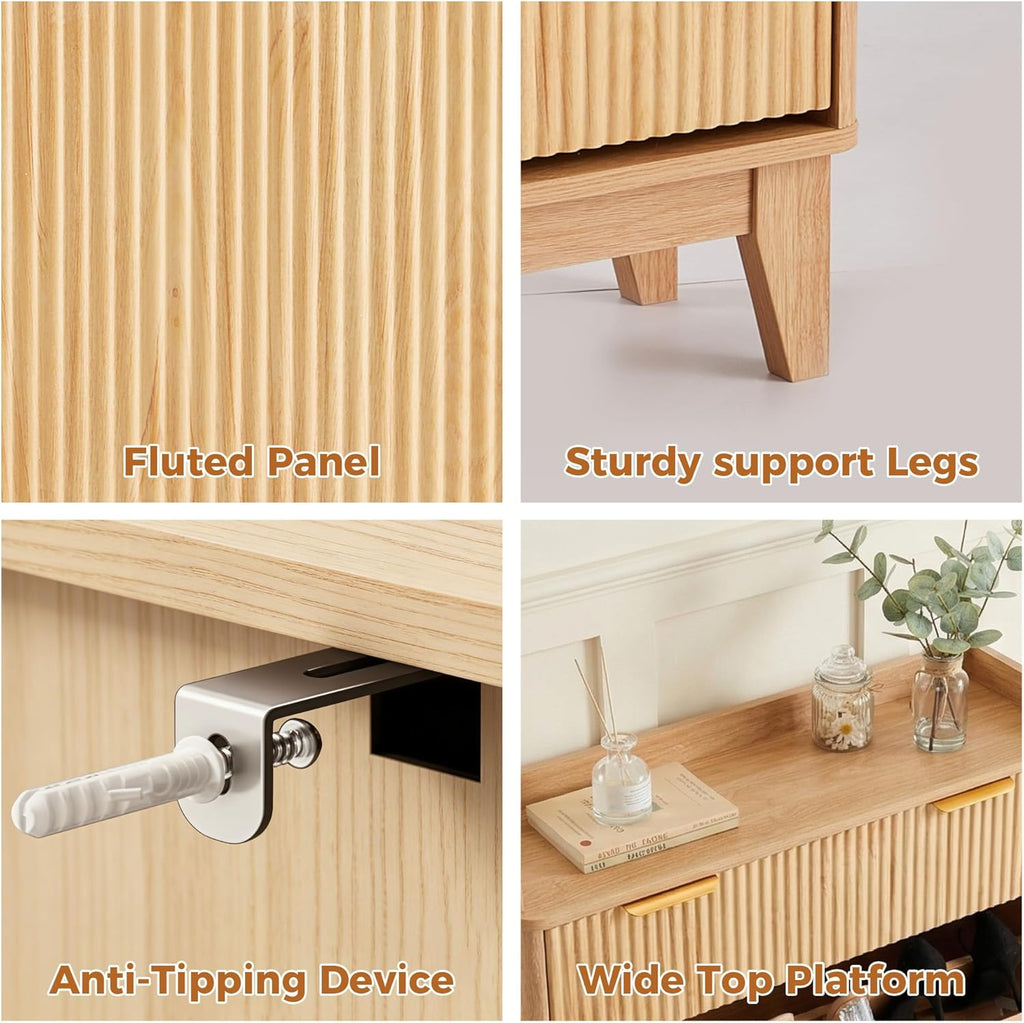 Wood Fluted Shoe Organizer - Slim Shoe Cabinet with 2 Flip Drawers & 1 Drawer, Narrow Shoe Cabinet with Adjustable