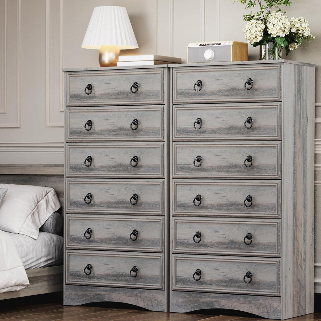 6 Drawer Dresser Tall, 52" Tall Grey Dresser , Chest of Drawers, Large Storage Organizer for Clothes, Grey Vintage